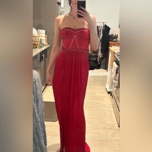 Red Beaded Strapless Maxi Formal Dress